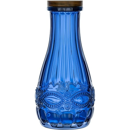 Elle Décor Colored Glass Carafe with Wood Lid Leak-Proof Glass Pitcher, Grade Silicone, 1 Liter, Blue
