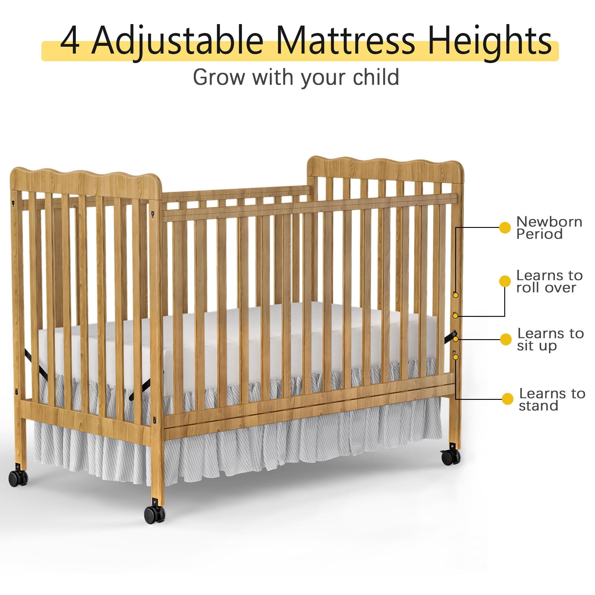 Baby Convertible Crib 3 In 1, Converts from Baby Crib to Toddler Bed, New Zealand Pinewood Baby Bed with Locking Wheels and Teething Rail, Crib with 4 Height Adjustment and Non Toxic Finish, Natural