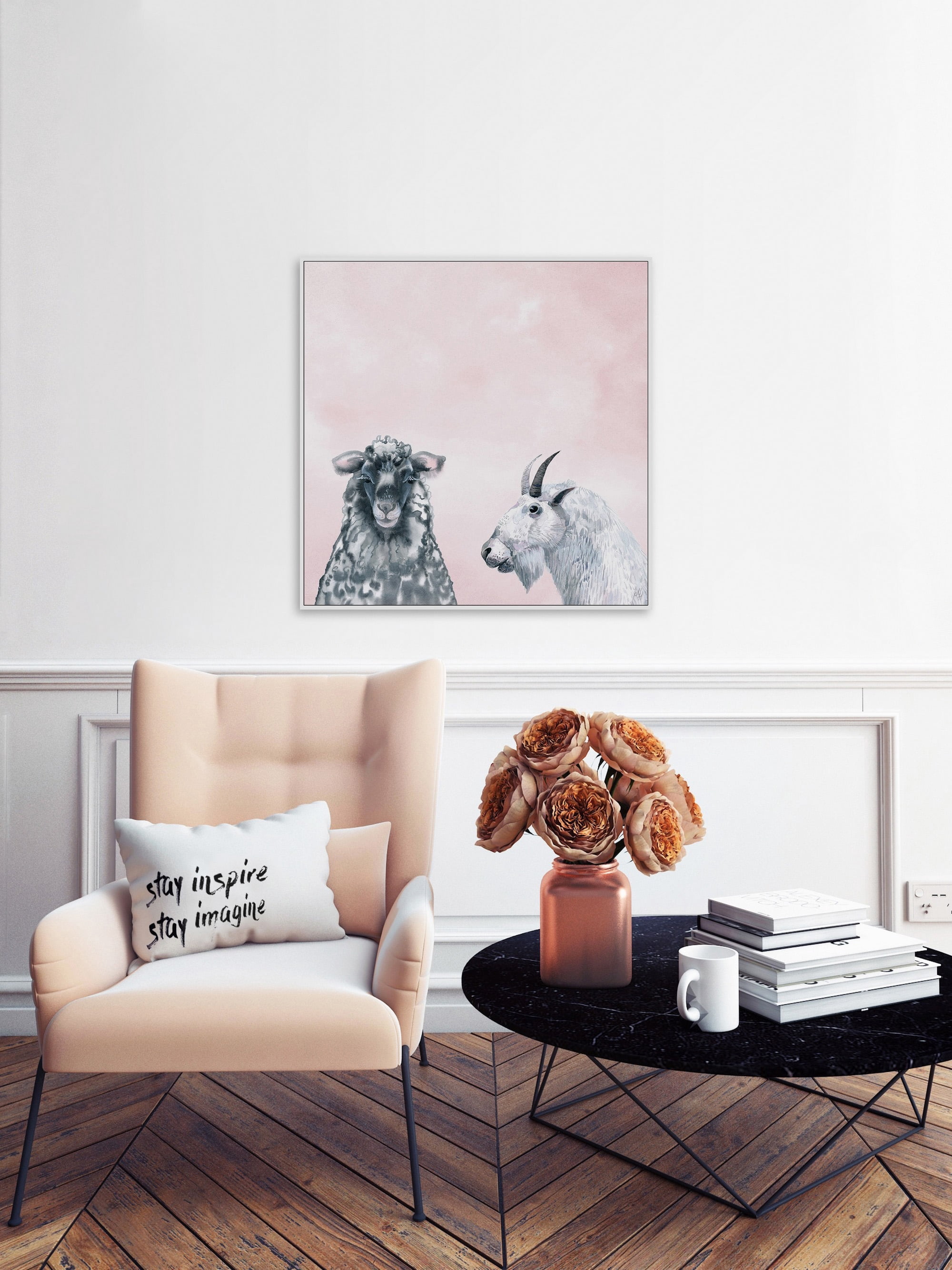 Black and White in Blush Floater Framed Painting Print on Canvas