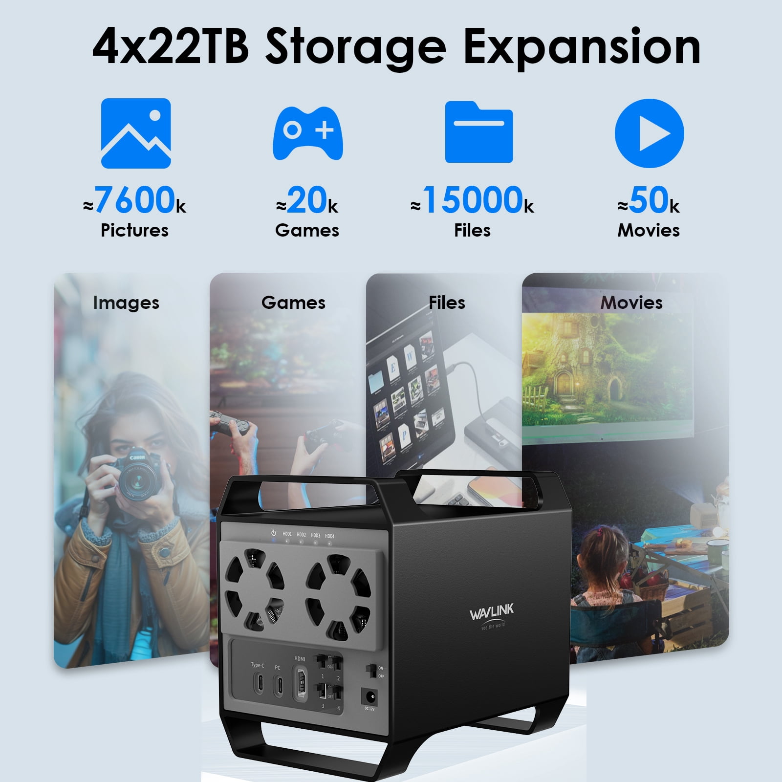 WAVLINK 4-Bay Hard Drive Enclosure for 3.5" and 2.5'' SATA HDD/SSD Featuring 10Gbps USB-C 3.2, 88TB Capacity, Built-in Temp-Controlled Cooling Fans, HDMI 4K Video Output, Aluminum Alloy Shell