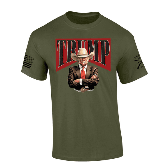 Patriot Pride Mens Trump Cowboy Cigar Label Short Sleeve T-Shirt-Military Green-Small