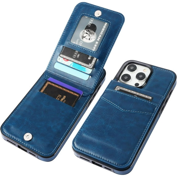 REQO Compatible with iPhone 15 Pro Max Case Wallet with Credit Card Holder, Flip Premium Leather Magnetic Clasp Kickstand Heavy Duty Protective Cover for iPhone 15 Pro Max 6.7 Inch (Blue)