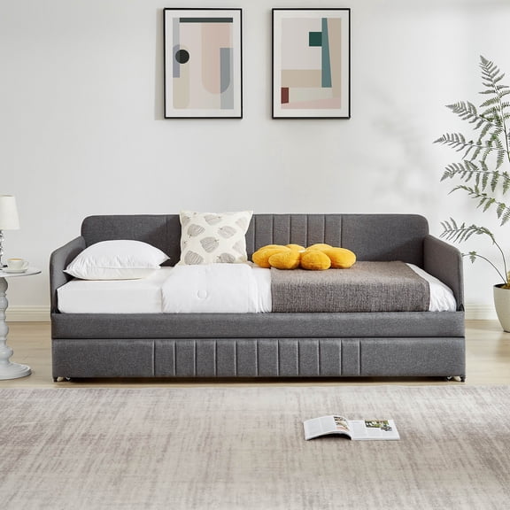 Sofa Bed Metal Framed With Trundle 78.4 Inch For Bedroom Twin Size Daybed Grey