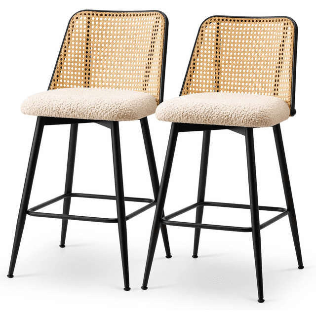 KOSSMAI Swivel Bar Stools Set of 2, 26" Counter Height, Bouclé Upholstered Seat, Rattan (Not Natural Rattan) Back, Modern Kitchen Island Chairs White