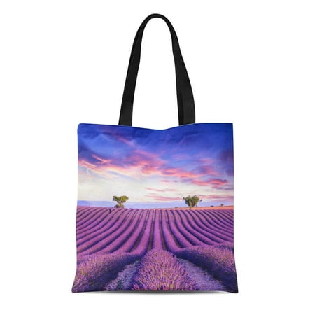LADDKE Canvas Bag Resuable Tote Grocery Shopping Bags Lavender Field Summer Sunset Landscape with Two Tree Near Valensole Provence Fra Tote