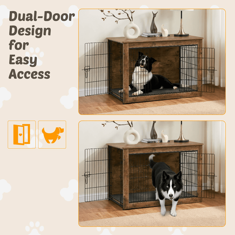 FunniHomi 44 Dog Crate Furniture, Wooden Dog Kennel Indoor with Cushion, Double Doors for Small/Medium Dogs, Rustic Brown - Walmart Supplies