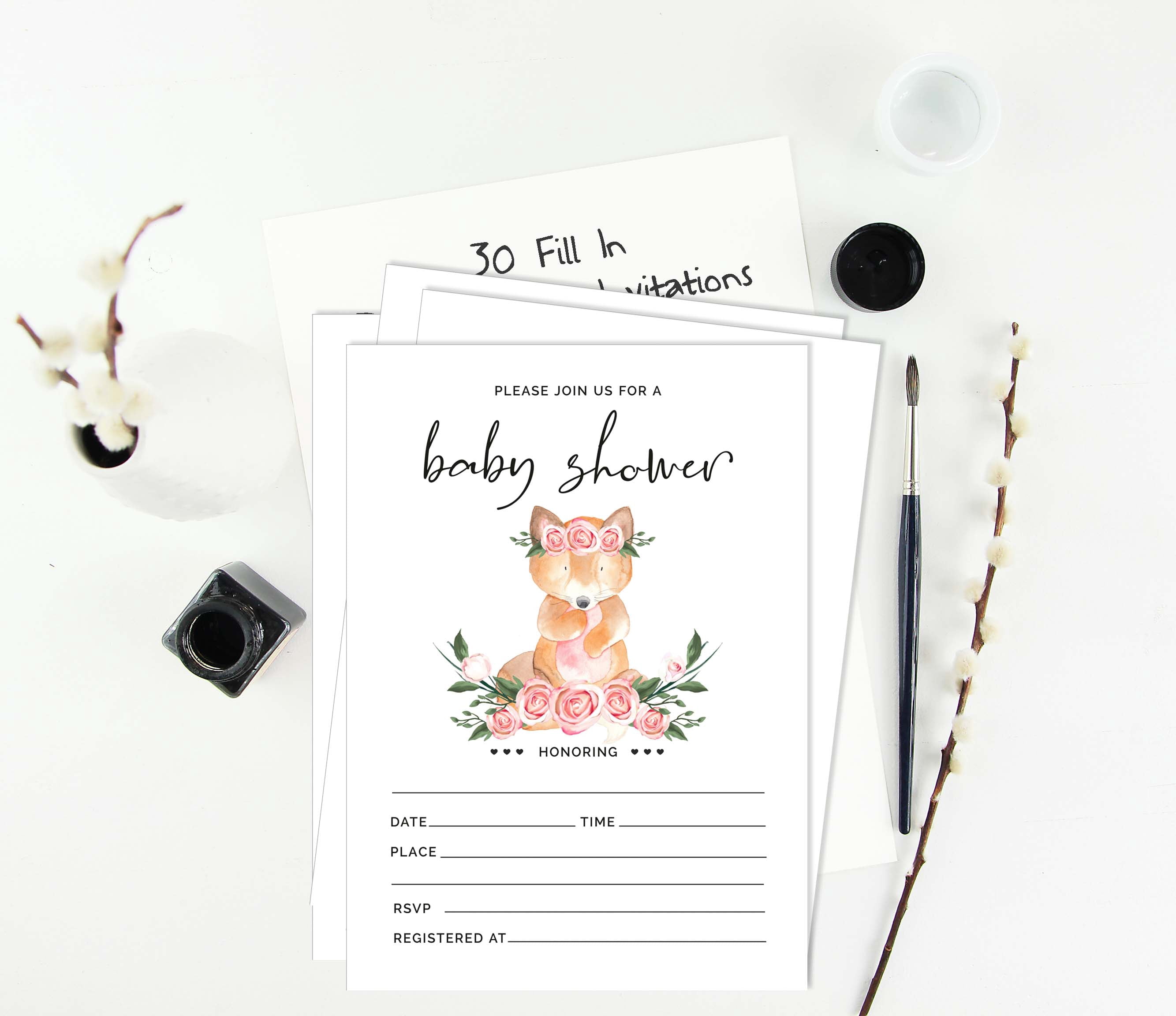 Inkdotpot 30Fox Jungle Animals Baby Shower Invitation Cards Gender Neutral Fill In Blank Invites