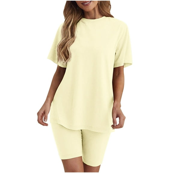 Women's Pajamas Sets 2 Piece Outfits Short Sleeve Shirts and Biker Shorts Loungewear Solid Clothes 2025