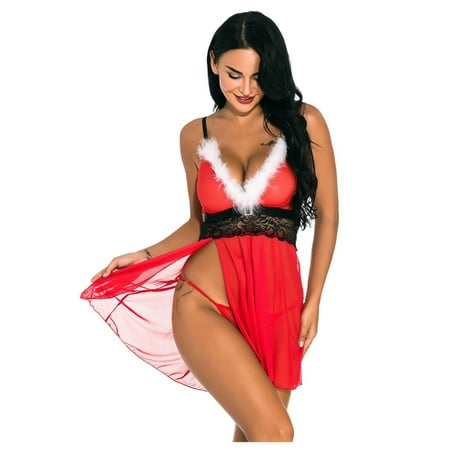 

Intimates Women s Christmas Lingerie Lace Babydoll Chemise Halter Teddy V Neck Sleepwear Suit Polyester no underwire sports bra Red