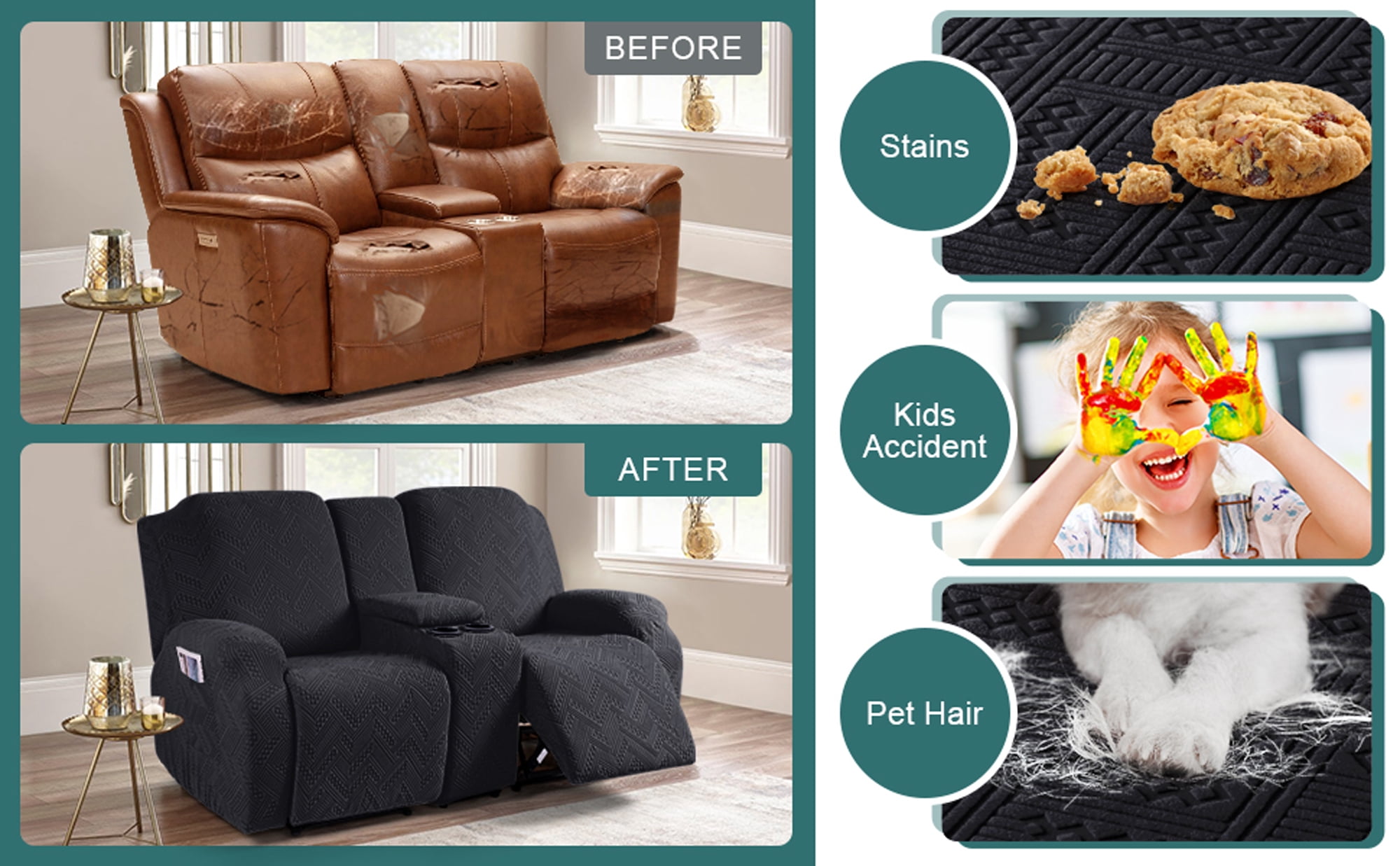 TAOCOCO Recliner Sofa Slipcovers with Console, 4 Pieces Jacquard Reclining Couch Cover for Loveseat Sofa Home Decor Protector,Black