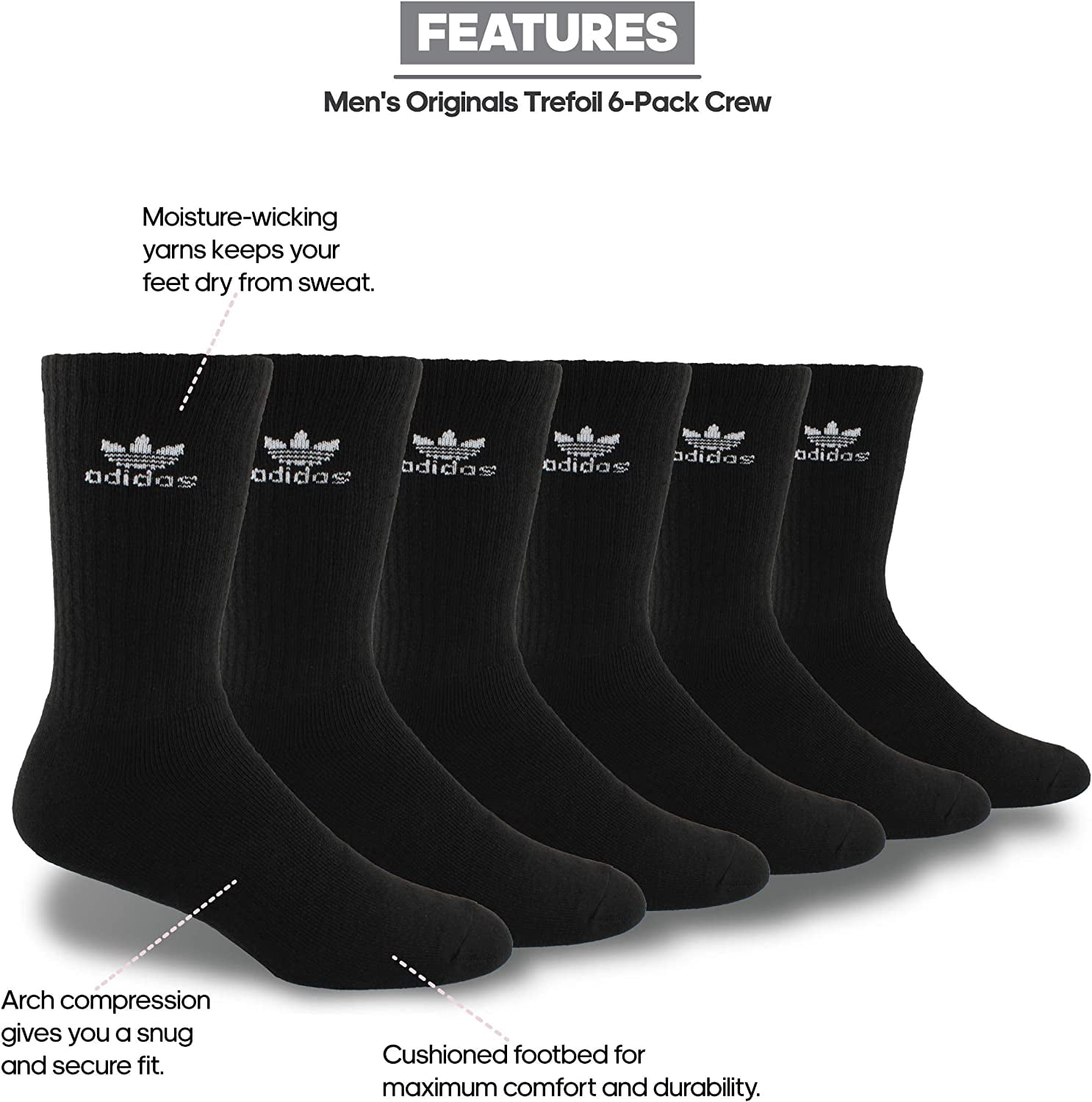 Adidas Originals Trefoil Crew Socks, 6-Pack, Black, Unisex Adult Cotton Blend Crew Length Socks