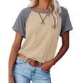 thumbnail image 4 of SHIBEVER T Shirts for Women Short Sleeve Women Top Summer Casual Striped Tunic Tops Loose Fit Side Split Tops Crew Neck Ladies Blouses Khaki XXL, 4 of 5