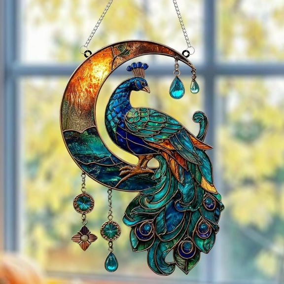 Lunar Peacock Faux Stained Glass Suncatcher, Iridescent Blue Green Acrylic Window Art With Gem Drops, Boho Housewarming Gift For Her