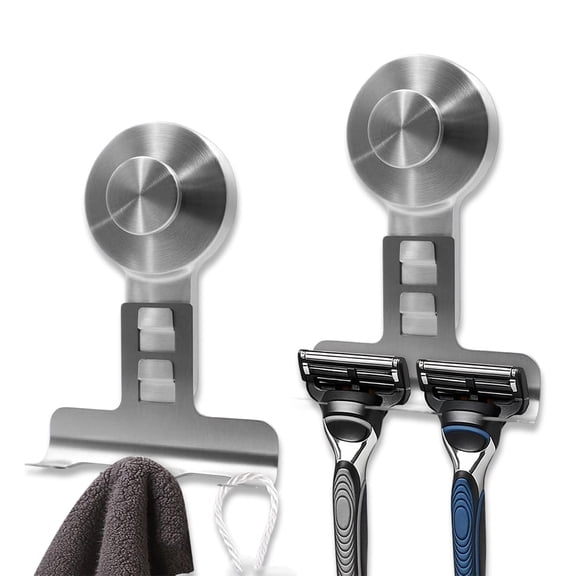 Suction Cup Razor Holder for Shower Wall 2 Pack,Heavy-Duty 15lbs Suction Hooks for Razor,Towel,Phone,Loofah, Removable Damage-Free Metal Shower Hook,Shaver Holder(Silver)
