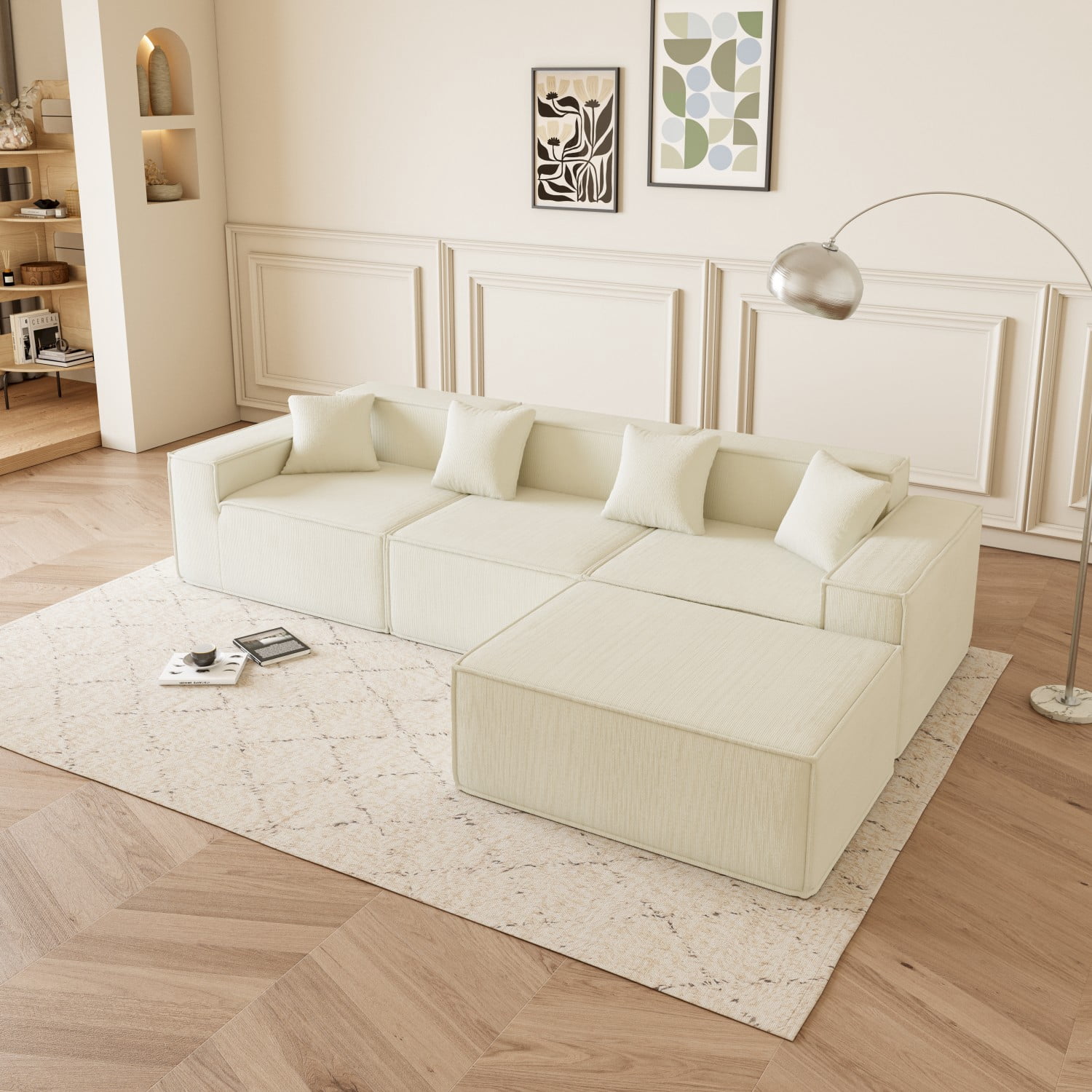 Gewnee Deep Seat Modular L-Shaped Sectional Sofa Couch With Ottoman Cloud Corduroy Couches for Living Room