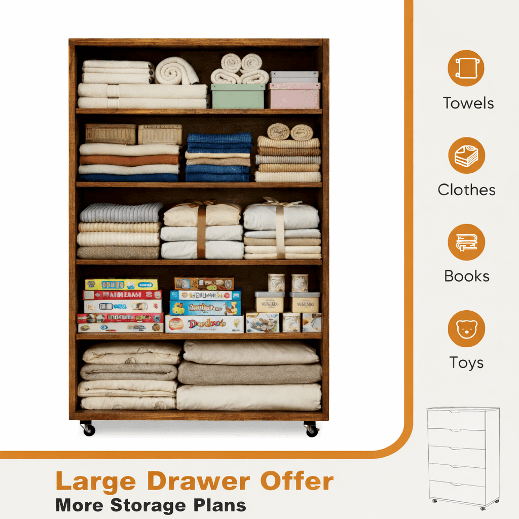 Homy Casa Rustic Brown 5 Drawer Dresser on Wheels for Bedroom Office