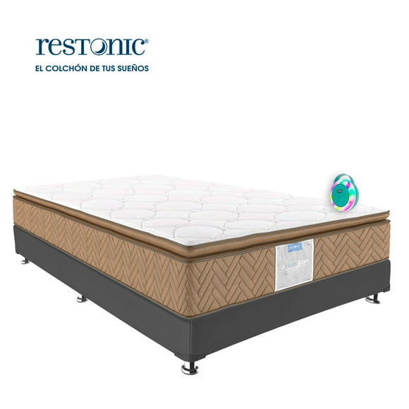 Colchón Matrimonial End Ortopédico Restonic Anti micro despertares e Hipoalergénico Linea Leyen + Box linato Gris Oxford + Bocina Portátil