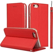 iCoverCase Genuine Leather Case for iPhone 6s Plus/iPhone 6 Plus, Wallet Case with Wrist Strap and Card Slots Magnetic Closure Kickstand Feature Flip Cover for iPhone 6s Plus/6 Plus (Red)