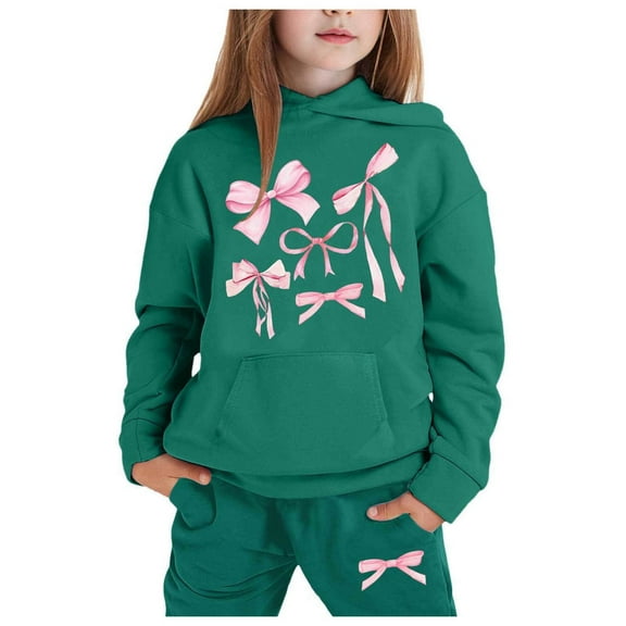 Suilloe Toddler Girls Activewear Outfits Pink Bow Print Long Sleeve Hoodie Pullover Tops Pants 2Pc Set Kids Fasion Dailywear Sports Suit Hoodies Sets,6-7Years