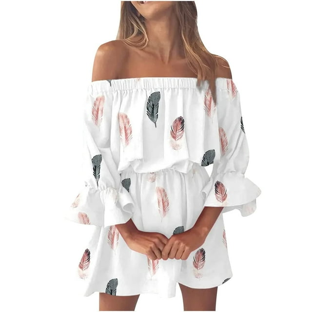 Robes d'Été 2025 pour Femmes Robe d'Été Ajustée pour Femmes 2022 Plage Décontractée Robes d'Été Décontractées pour Femmes Âgées Tunique à Épaules Robes d'Été Décontractées Coupe Ample Manches Évasées Mini à Fleurs