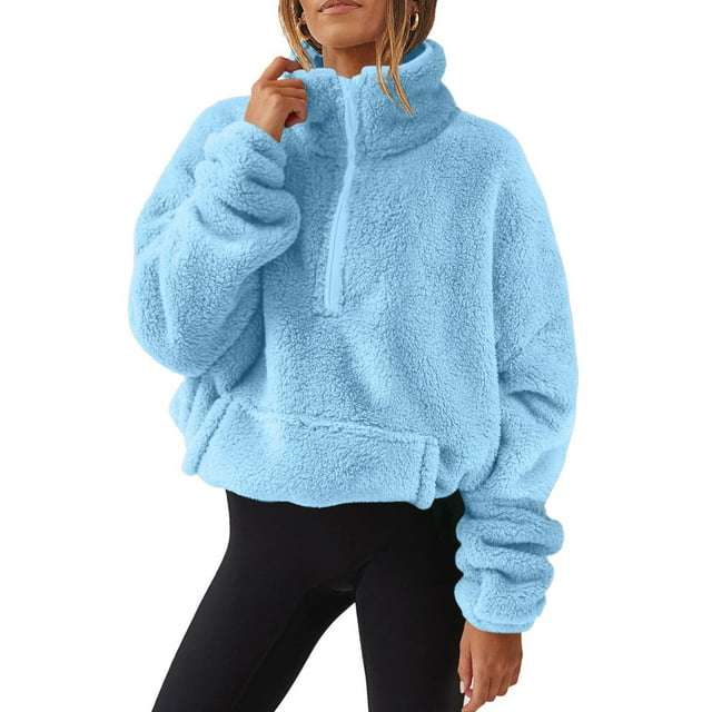 Womens Sherpa Pullover Sweatshirt Half Zip Fleece Plus Velvet Padded Turtleneck Sweatshirt with Pockets Light Blue L
