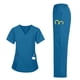 thumbnail image 5 of Conjuntos de uniforme médico para mujer, informal, cuello en V, manga corta, camiseta y pantalones con cintura elástica, color liso, 2 piezas, con bolsillos, 5 of 9