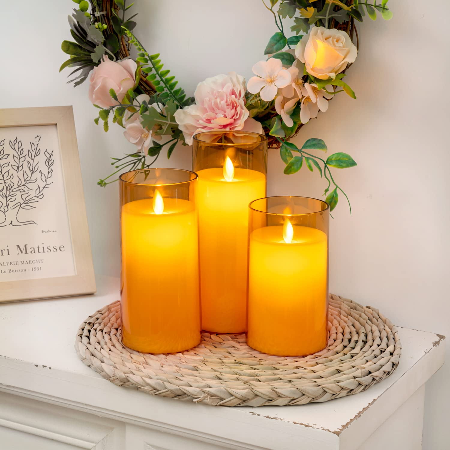 Merrynights Gold Flameless Candles, Flickering Battery Operated LED Pillar Candles with Remote