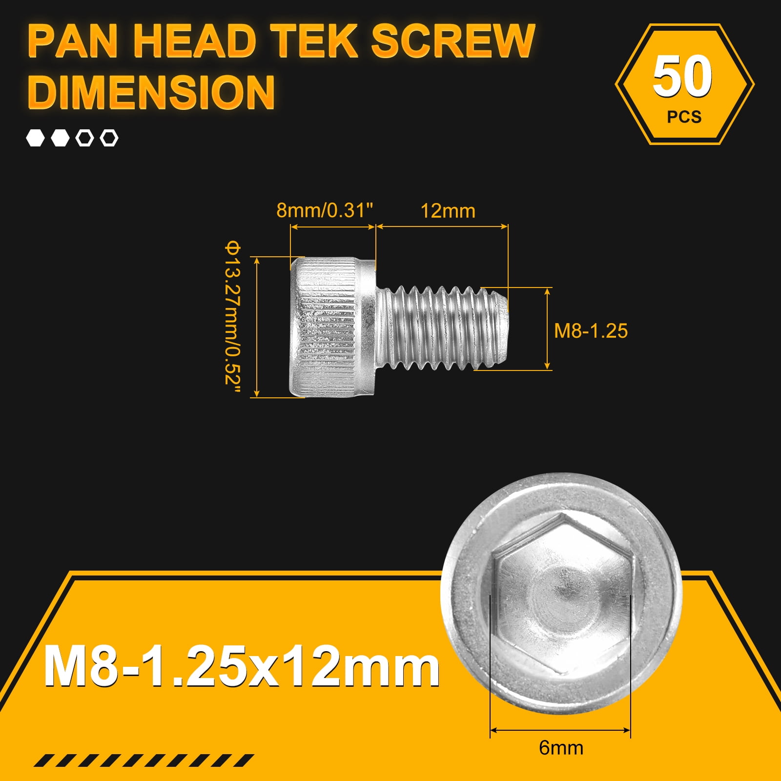 M8-1.25x12 Socket Head Cap Screws Bolts - 50Pack - Good for Road Bicycle - 304 Stainless Steel - Silver