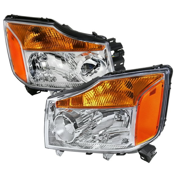 Factory Style Headlights w/ Amber Reflectors (Chrome Housing/Clear Lens) Made for and Compatible with 2004-2015 Nissan Titan/ 2004-2007 Armada