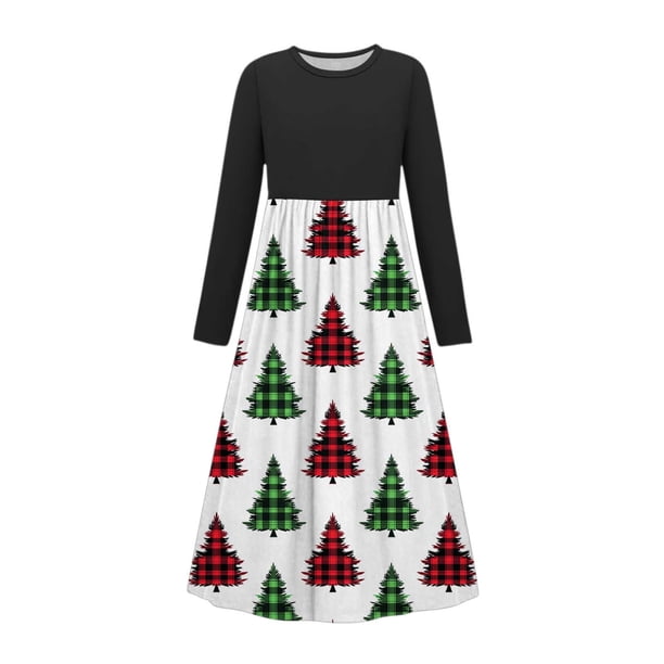 Vestido de manga larga con cuello redondo para niña, estampado navideño, manga larga, cuello redondo, bolsillos, falda larga informal para adultos, vestido de poliéster para niña.