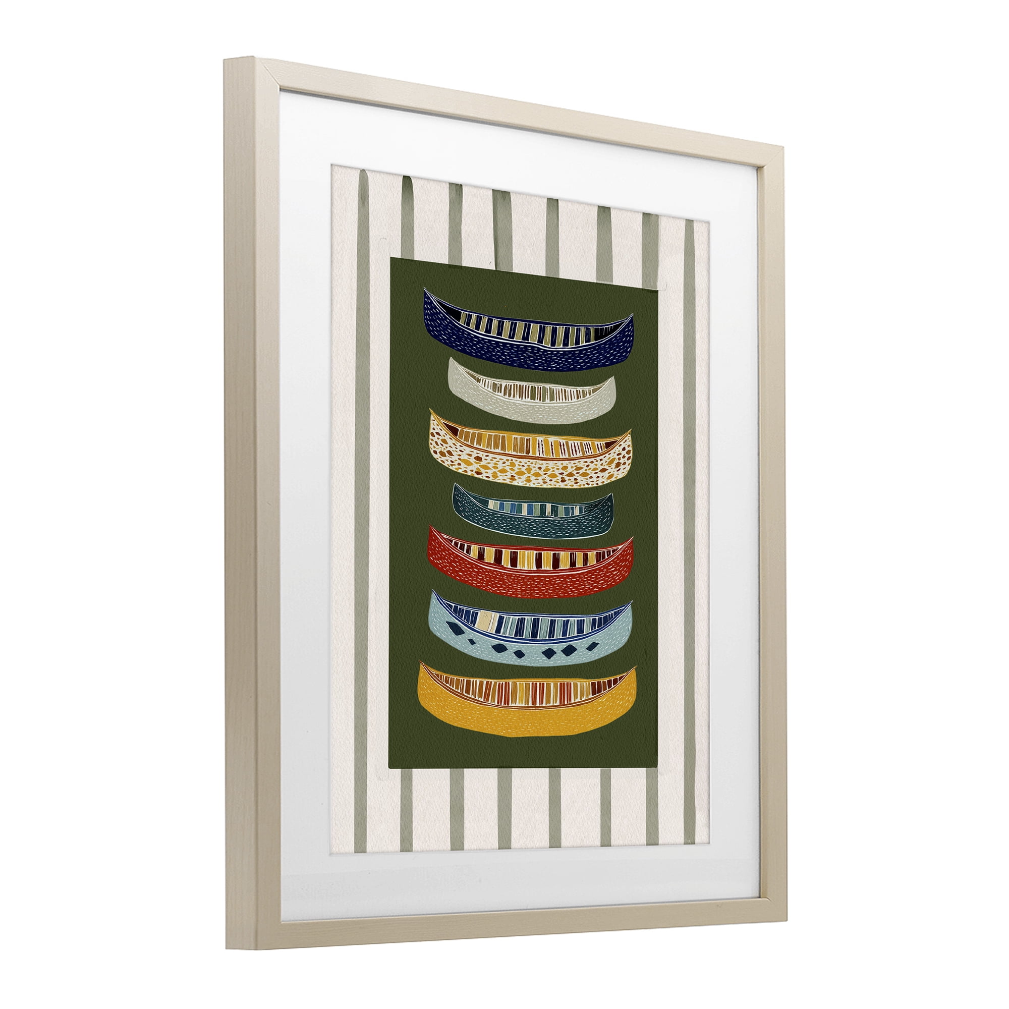 Stupell Industries Patterned Canoes over Stripes Birch Framed Print Under Glass, design by Yen