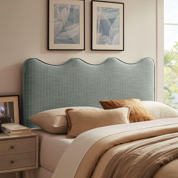 Athena Striped Fabric Upholstered Full Size Headboard in Spa Blue Stripe