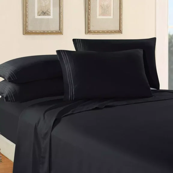 Huba Homes Elegant Comfort Essential 6-Piece 3-Line Embroidery Sheet Set, Soft as a Hotel P twin BLACK