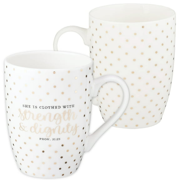 Christian Art Gifts Inspirational Novelty Ceramic Coffee & Tea Scripture Mug for Women: Strength & Dignity Encouraging Bible Verse Proverb, Gold Polka Dots, Lead & Cadmium-free Non-toxic Cup, 12 oz.