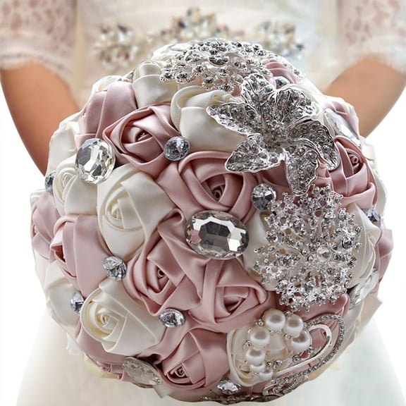 Rose Gold Silk Wedding Bouquet - Artificial Silk Rose Bridal Bouquet with Rhinestones for Bride, Bridesmaids, Wedding Decorations