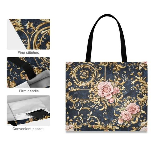 Canvas Tote Bag for Women Girls Design Print Floral Pink Roses Gold Filigree Tote
