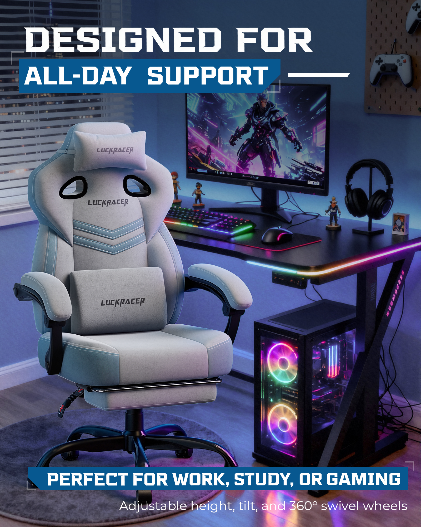 LUCKRACING Fabric PC Gaming Chair with Footrest and Lumbar Support, Gray