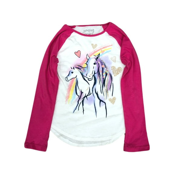 Jumping Beans Girls Long White & Pink Sparkle Rainbow Horse Tee Shirt T-Shirt 7