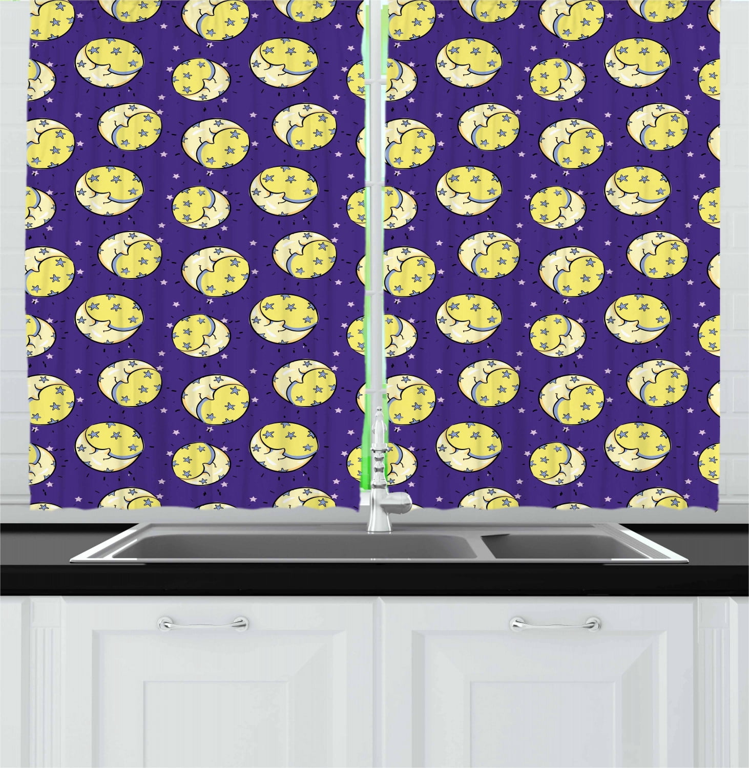 Moon Curtains 2 Panels Set, Baby Sleep Theme with Crescent Moon in Sky Stars Cosmos Space Toddler Nursery, Window Drapes for Living Room Bedroom, 55W X 39L Inches, Pale Yellow Purple, by Ambesonne