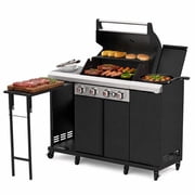 Outdoor Kitchen Grill with 4-Burner , Side Burner and Sink, 44,000 BTU Stainless Steel Propane Grill, Storage Cabinet, LPG/NG Convertible, Black