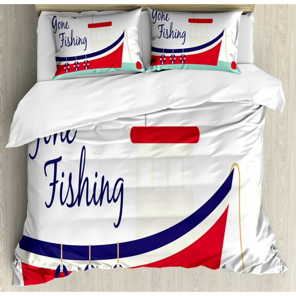 Gone Fishing Duvet Cover Set King Size, Cartoonish Fishing Boat on Water Simplistic Doodle, 3 Piece Bedding Set with 2 Pillow Shams, Dark Pink Seafoam Indigo and Ivory, by Ambesonne