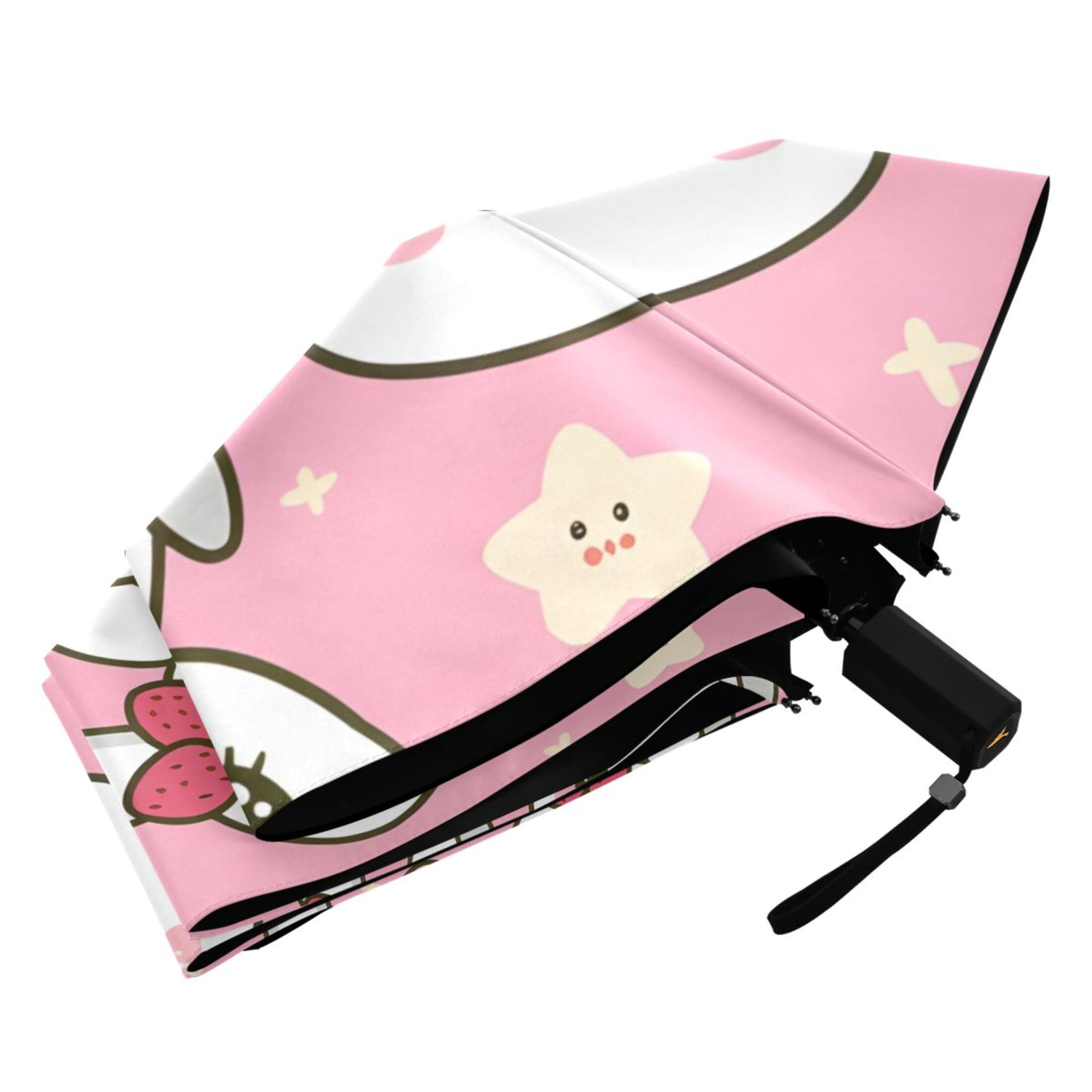Cute Rabbit Head with Strawberry Compact Sun Umbrella Windproof Travel Umbrellas for Rain Strong Portable UV Protection
