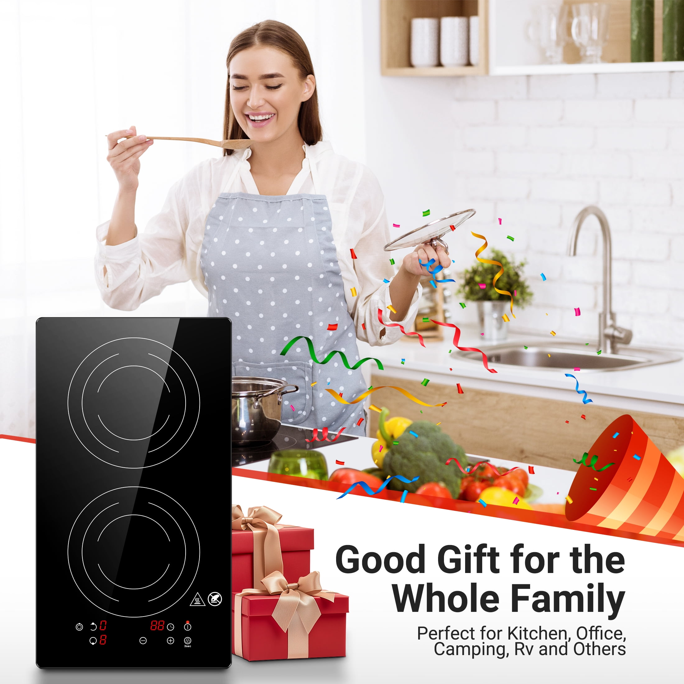 Sunmaki Electric Induction Cooktop 2 Burners, 12" Induction Stove for Fast Cooking, 1800W Electric Stove, Bulit-in&Countertop with Plug, 1800W 120V