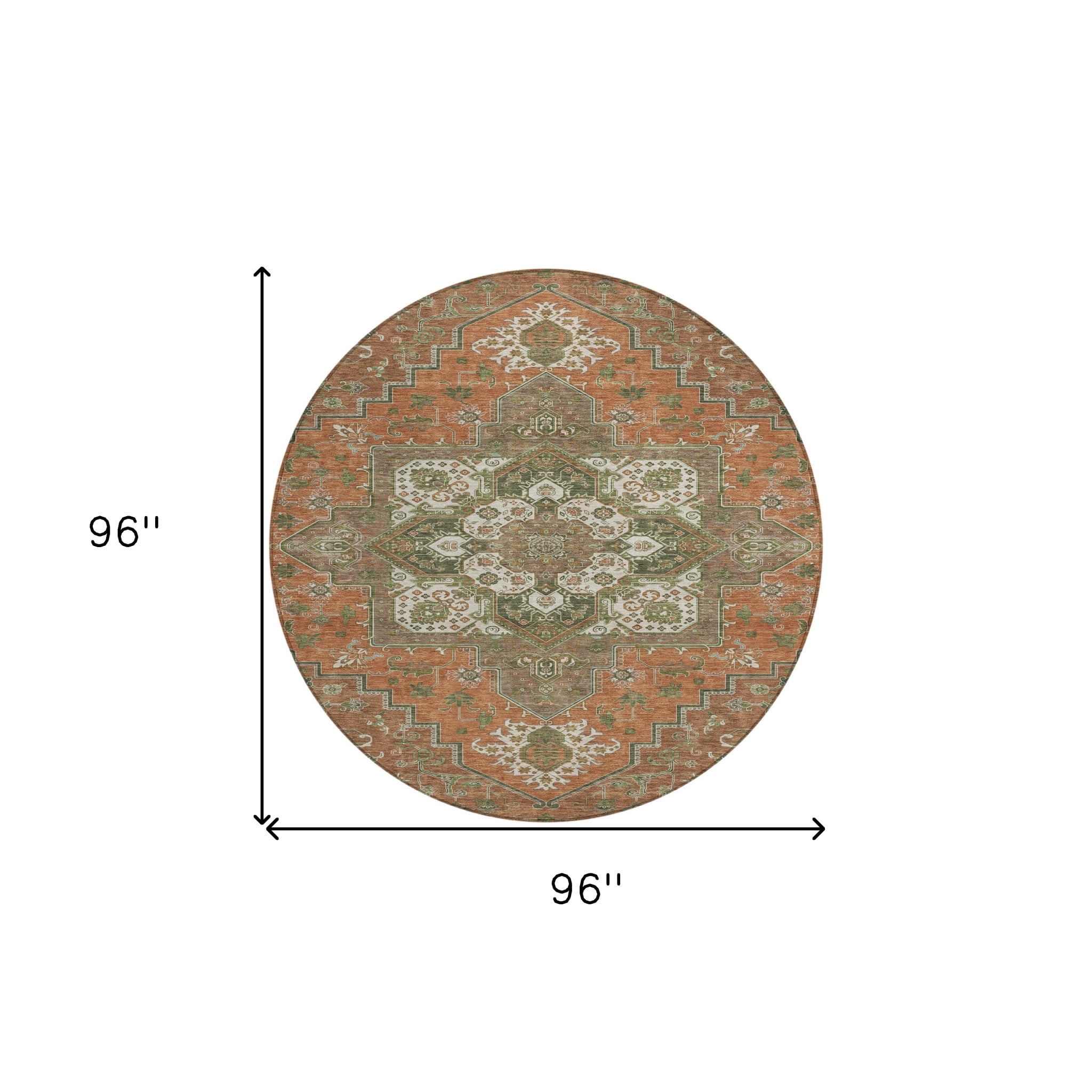 8' Rust Green And Brown Round Oriental Washable Indoor Outdoor Area Rug