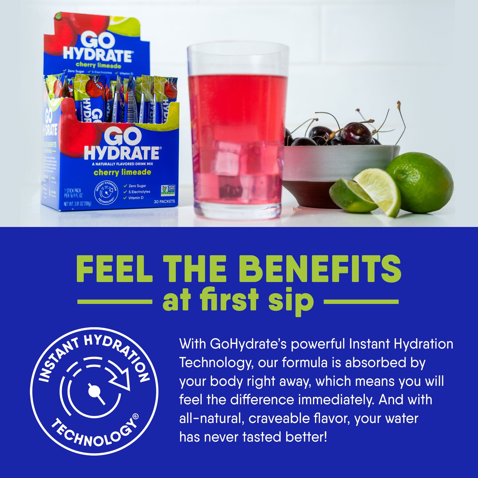 lectrolyte Hydration Drink Mix with Vitamin D, Non GMO Electrolyte Powder Hydration Pack, Cherry Limeade, 30 Hydration Powder Packets - GoHydrate