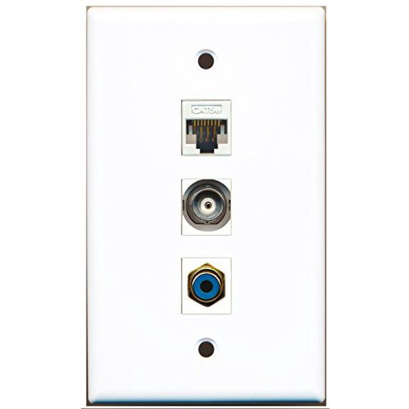 RiteAV - 1 Port RCA Blue and 1 Port BNC and 1 Port Cat5e Ethernet White Wall Plate