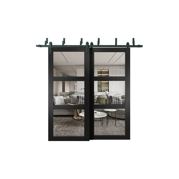 Lucia 2555 Matte Black, Barn Bypass Doors with Clear Glass - 56" x 80"