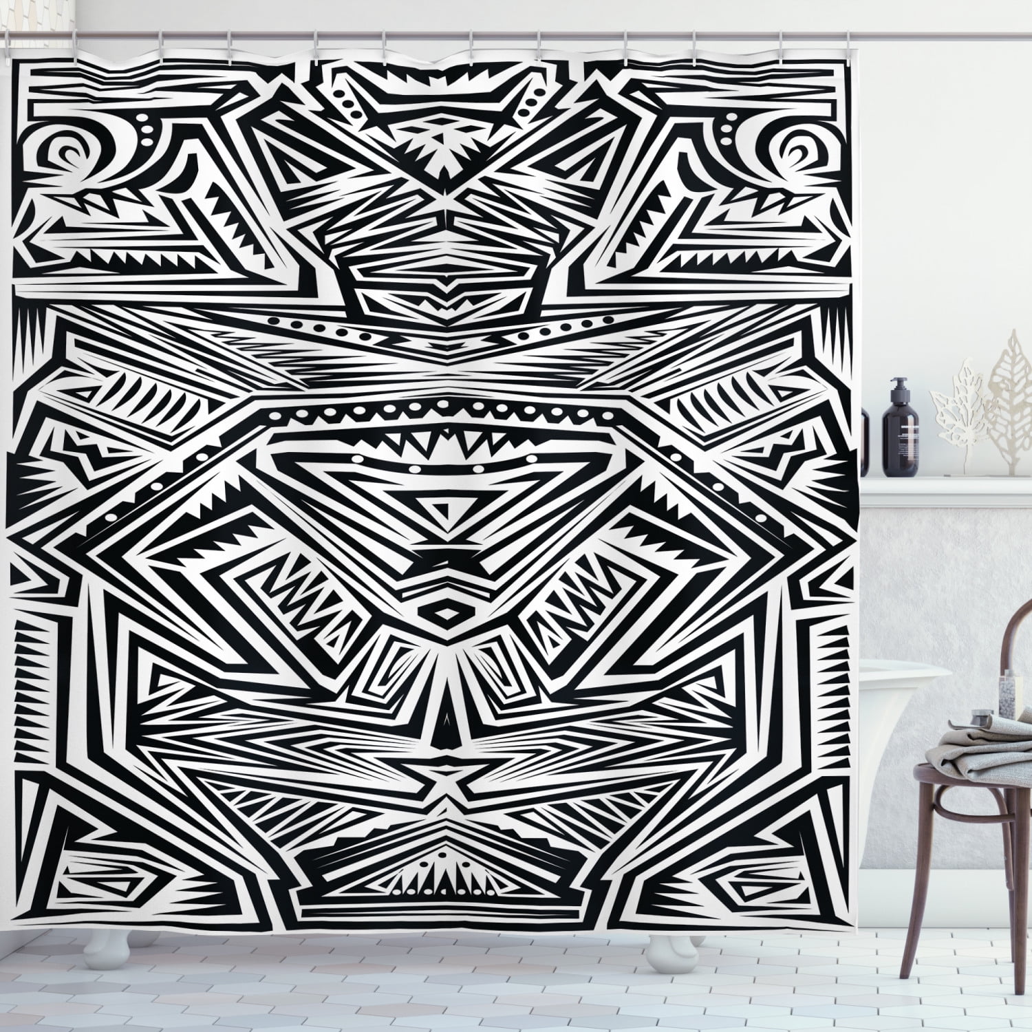 Tribal Shower Curtain, Abstract Composition of Geometric Forms of