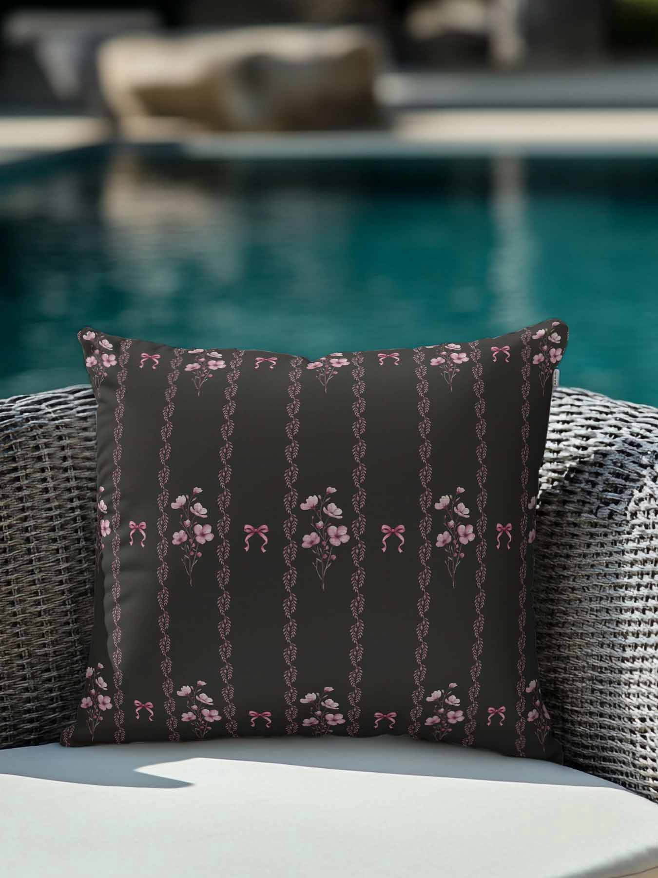1 Pack Outdoor Throw Pillow, Spring Floral Waterproof Pillow with Insert Included, Vintage Bohemia Flowers Leaves Bows Black Decorative Accent Cushion Sofa Pillows for Patio Porch, 16 x 16 In