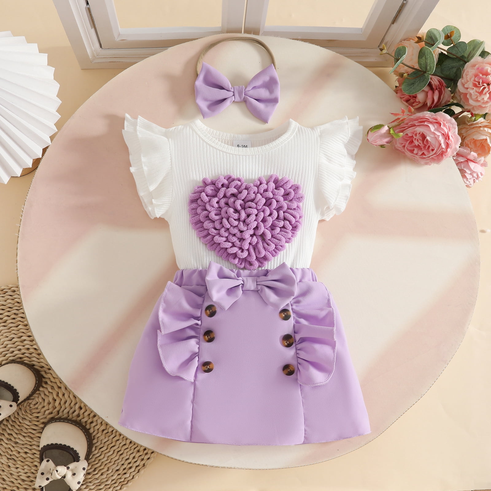 Faraee Toddler Baby Girl Skirts Outfit Infant Summer Clothes Ruffle Sleeveless Knit Vest Top A-Line Skirt Set with Headband (2-3T,Light Purple)